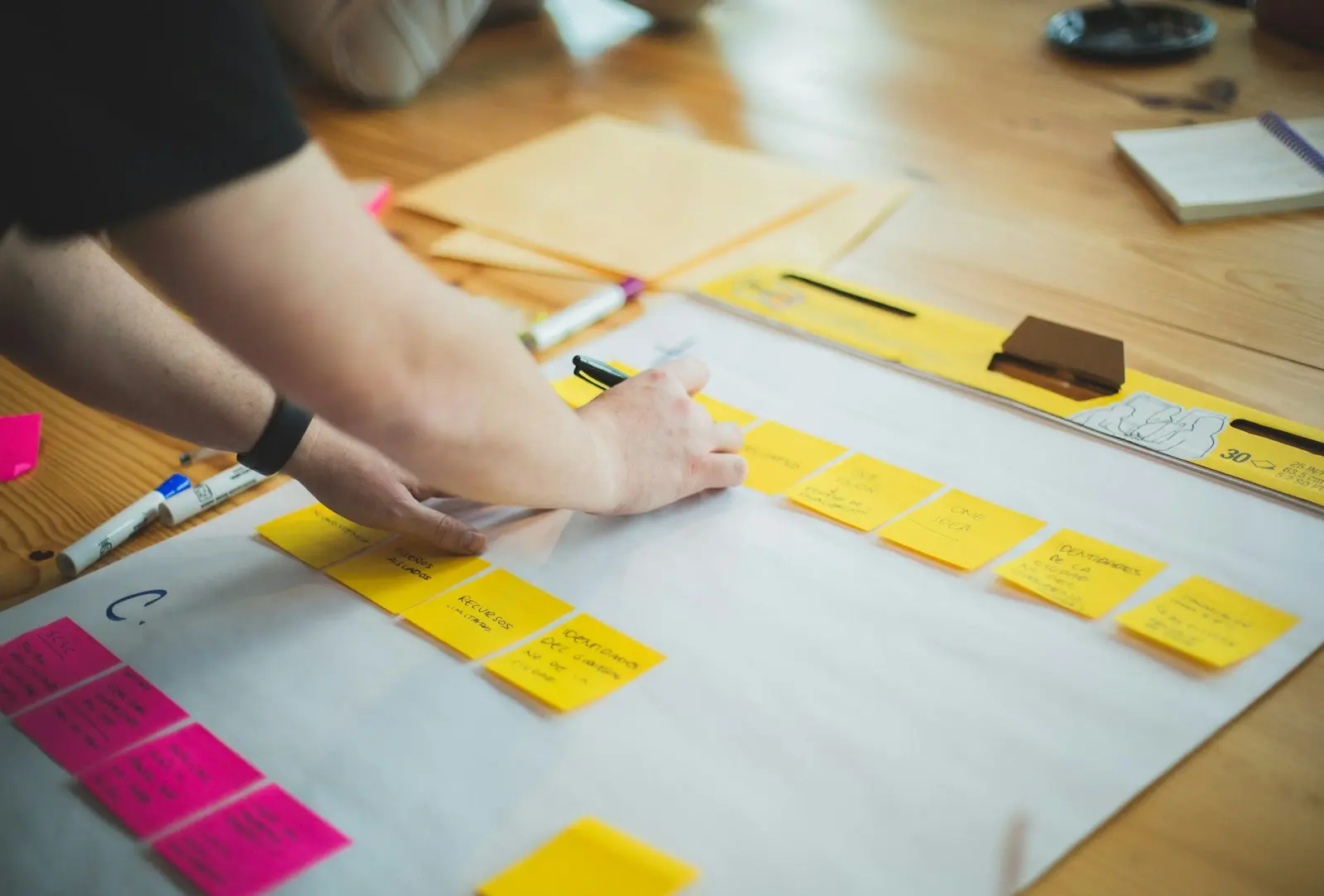 A solo PM planning board with sticky notes being arranged by hand