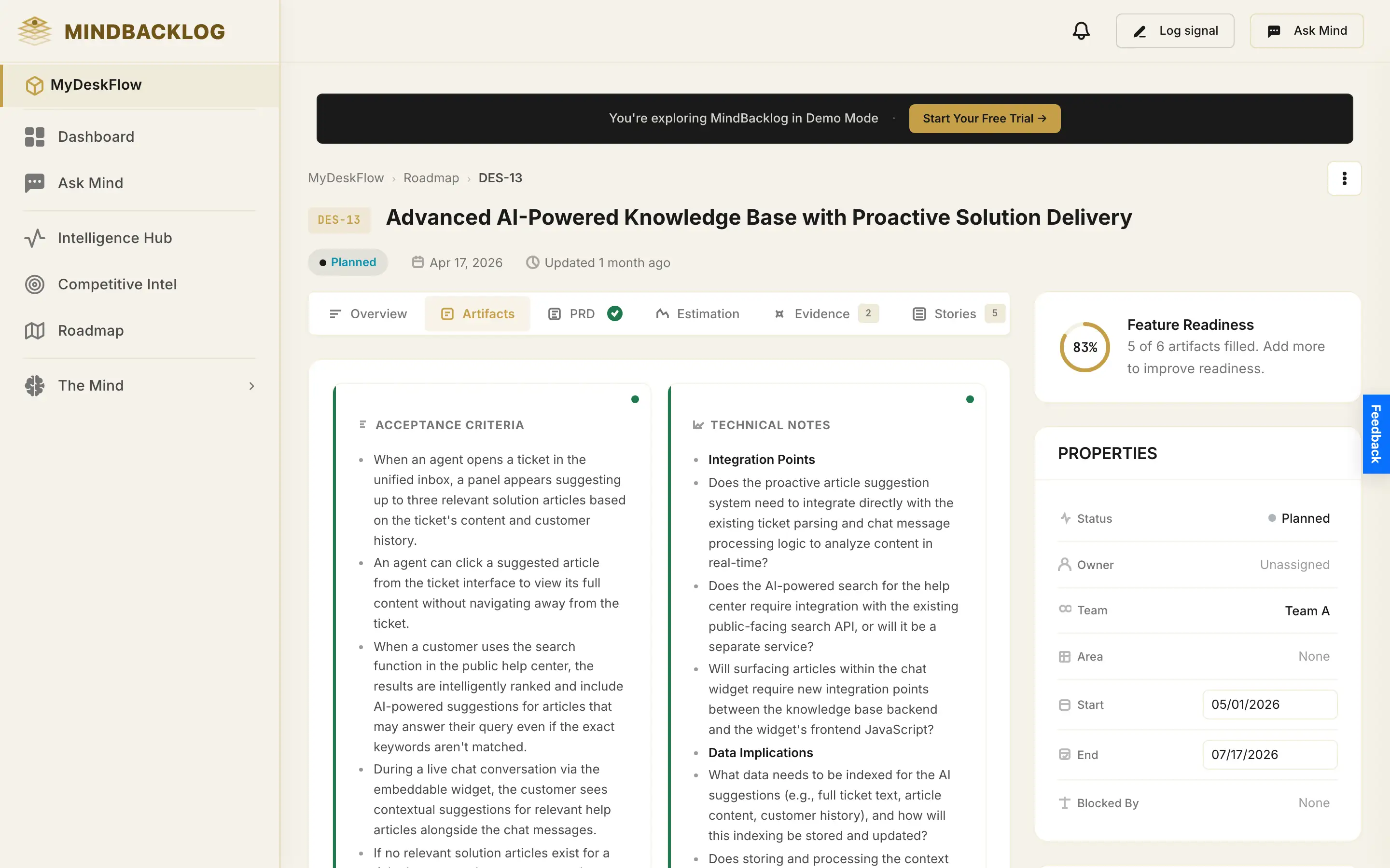 The Artifacts tab on a MindBacklog feature holding the generated brief, stories and release notes