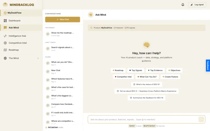 Ask Mind side panel answering a product question with cited signals