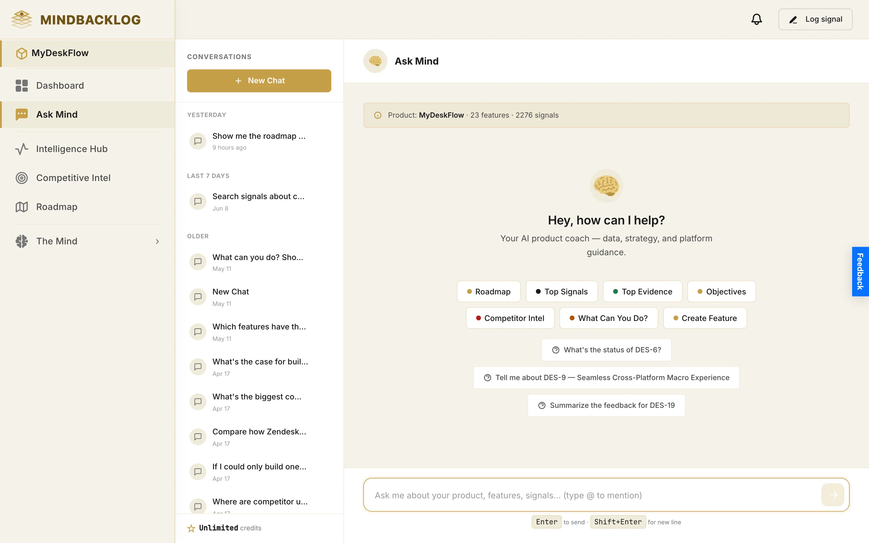 Ask Mind in MindBacklog answering from persistent product context — the same intelligence MCP exposes to Claude, Cursor and ChatGPT