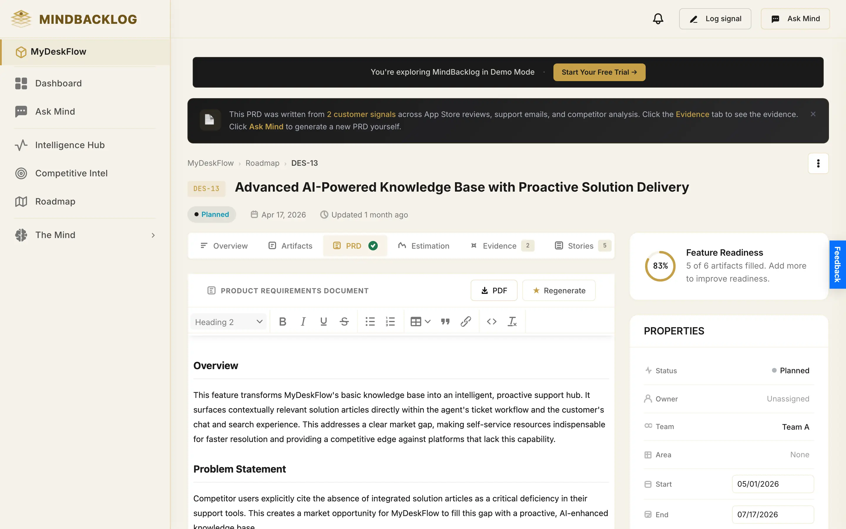 A Living PRD in MindBacklog citing customer signals, with evidence tabs and feature readiness