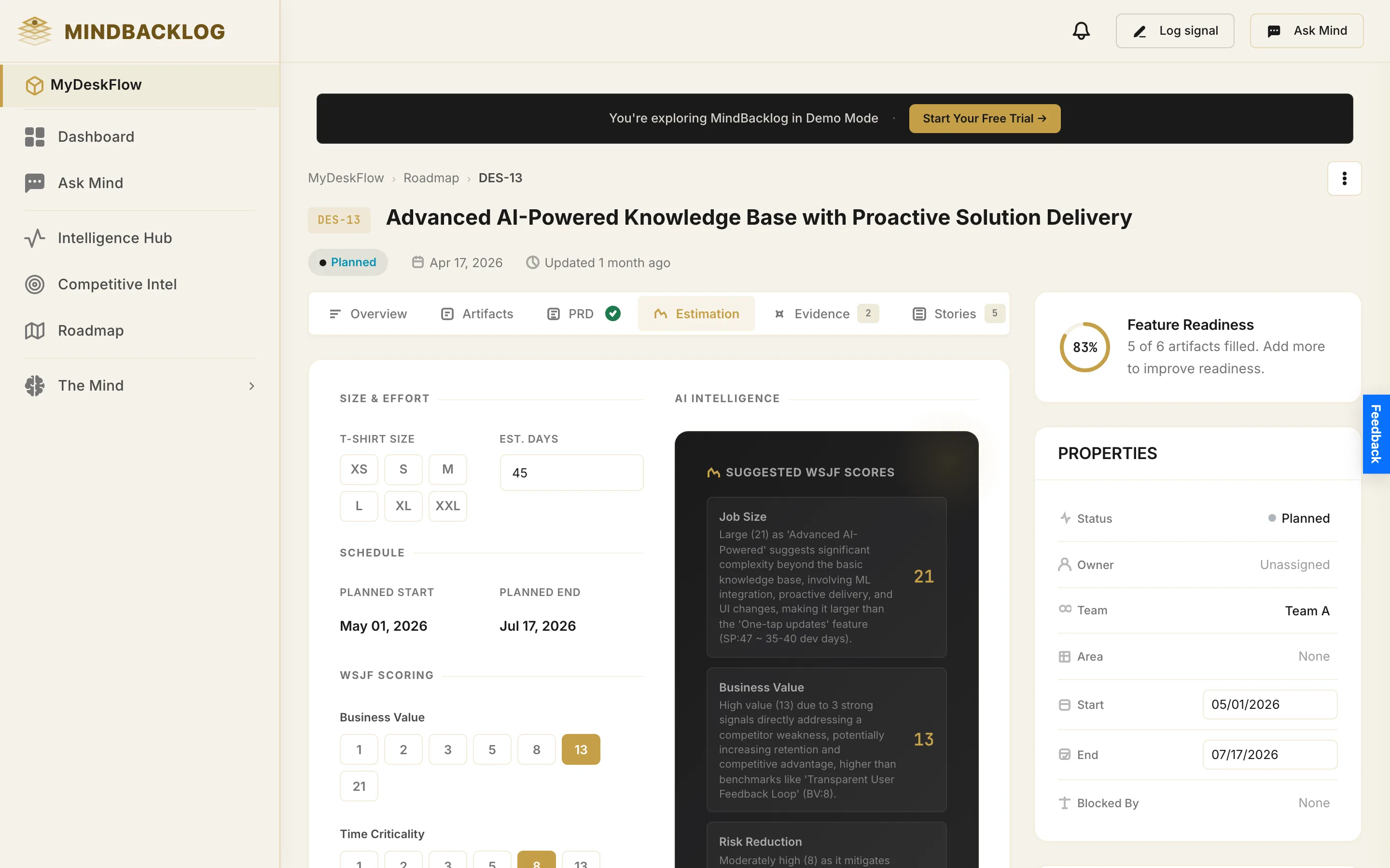 MindBacklog Estimation tab showing the RICE scorecard with reach, impact, confidence and effort backed by signals