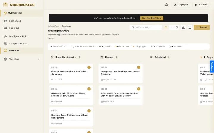 Roadmap board in Kanban view with evidence-carrying feature cards