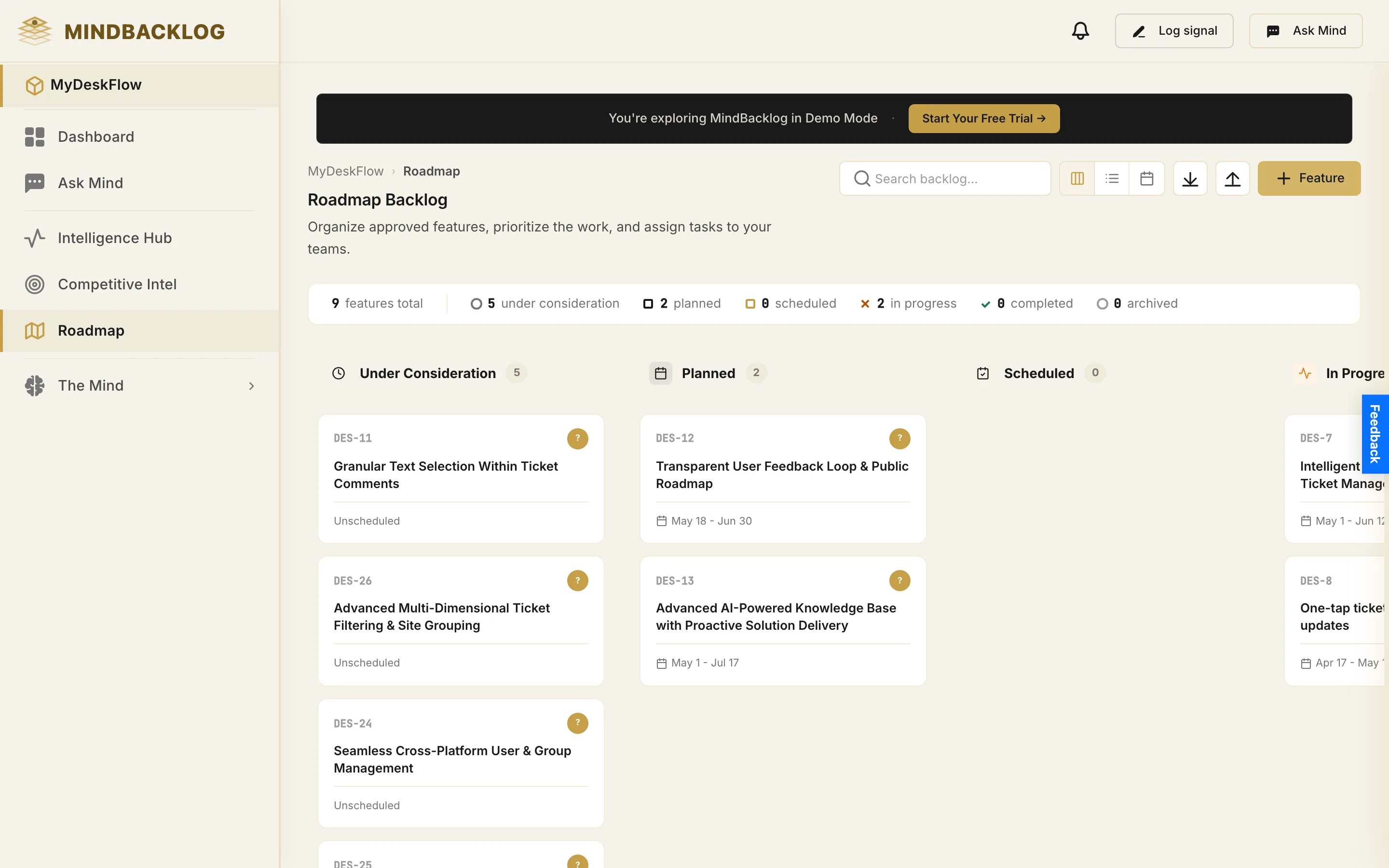 MindBacklog roadmap board with evidence-carrying feature cards in Kanban columns