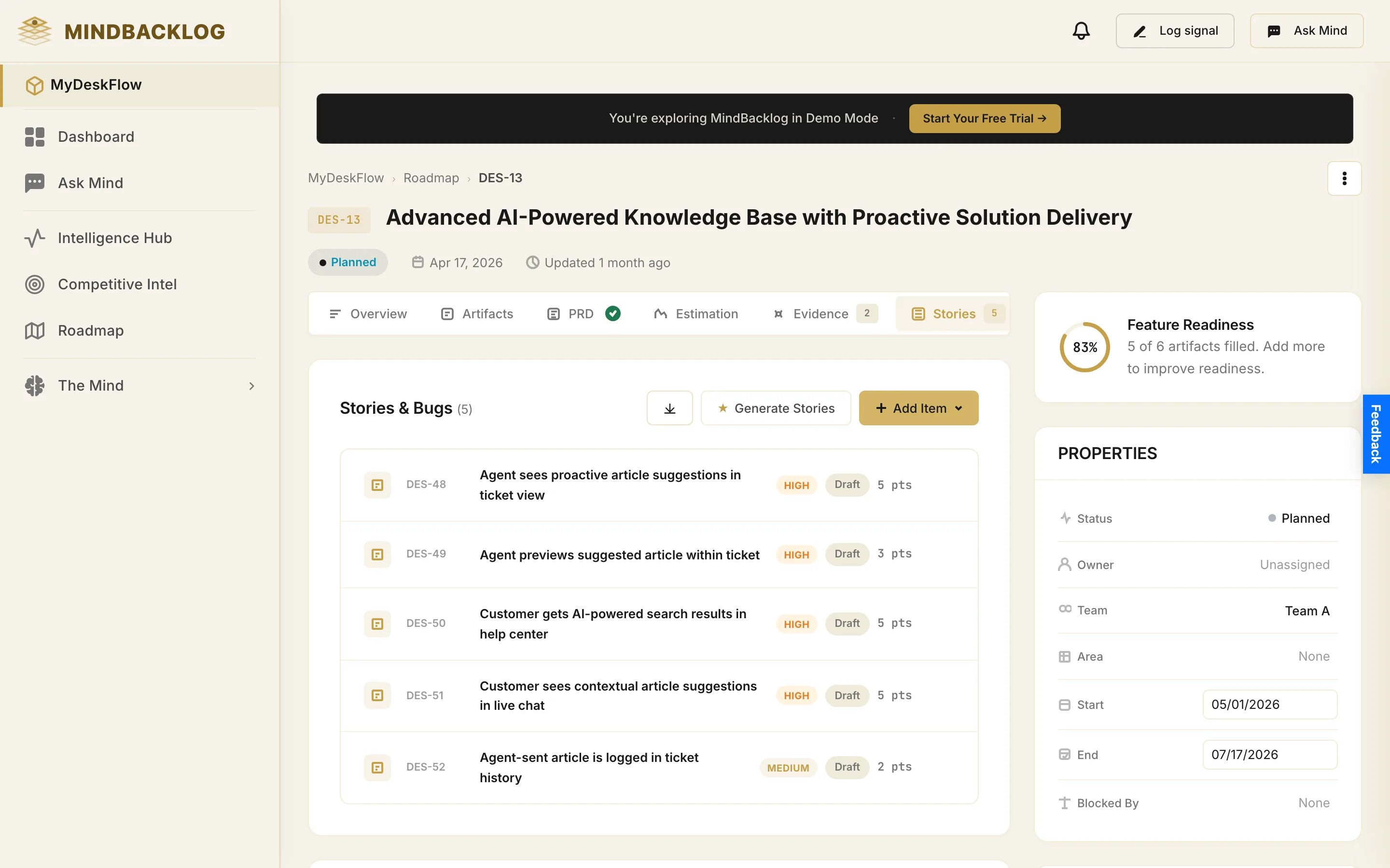 Generated user stories on the Stories tab of a MindBacklog feature, each traceable to customer signals